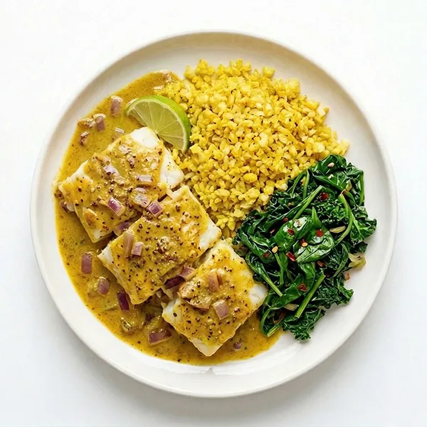 Curried Coconut Fish With Turmeric Cauliflower Rice And Sauteed Greens